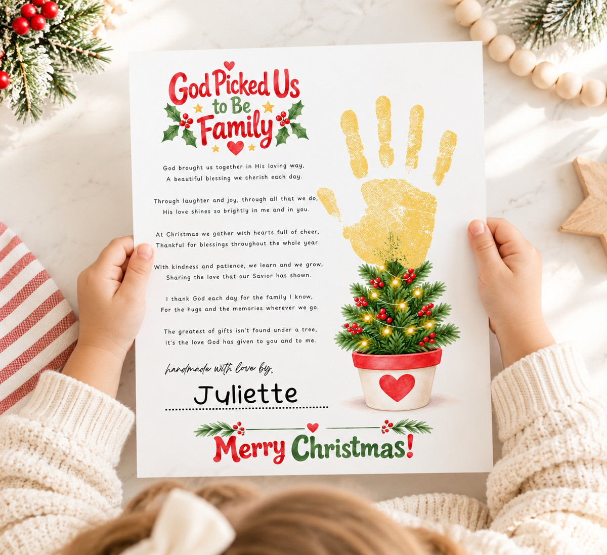 God Picked Us to Be Family Christmas Handprint Craft | Christian Family Keepsake Printable