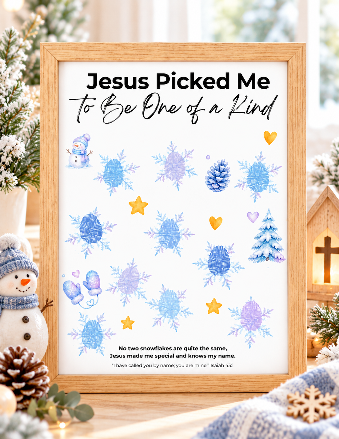 Jesus Picked Me to Be One of a Kind Fingerprint Snowflake Craft | Christian Winter Printable for Kids