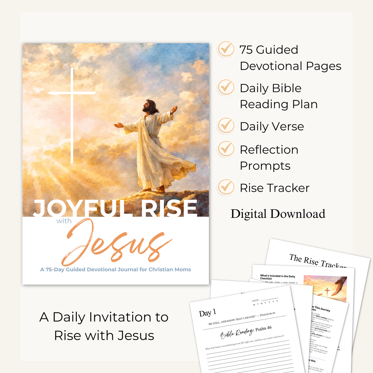Devotional journal titled 'Joyful Rise with Jesus' featuring a depiction of Jesus and cross on a white background.