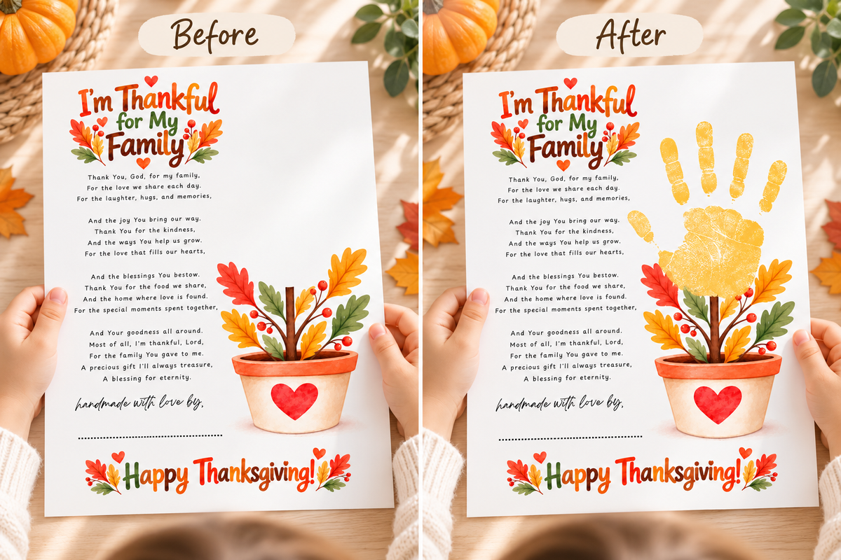 I'm Thankful for My Family Thanksgiving Handprint Craft | Christian Fall Keepsake Printable for Kids