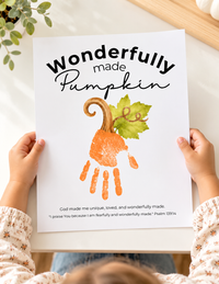 Wonderfully Made Handprint Pumpkin Craft Printable | Christian Fall Keepsake | Psalm 139:14 Preschool Autumn Activity